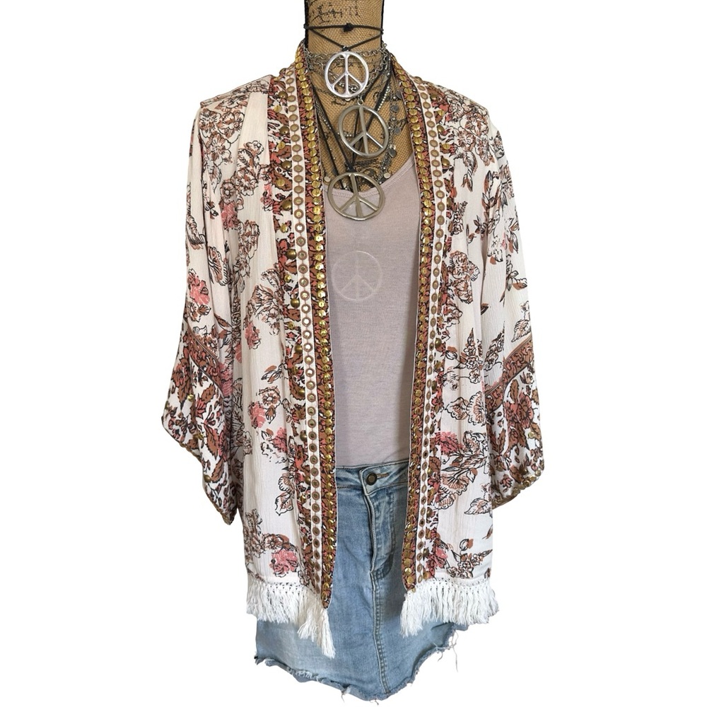 Tribal Rays Of Light Duster Embellished Floral Kimono Cardigan Fringe S/M - Picture 4 of 14